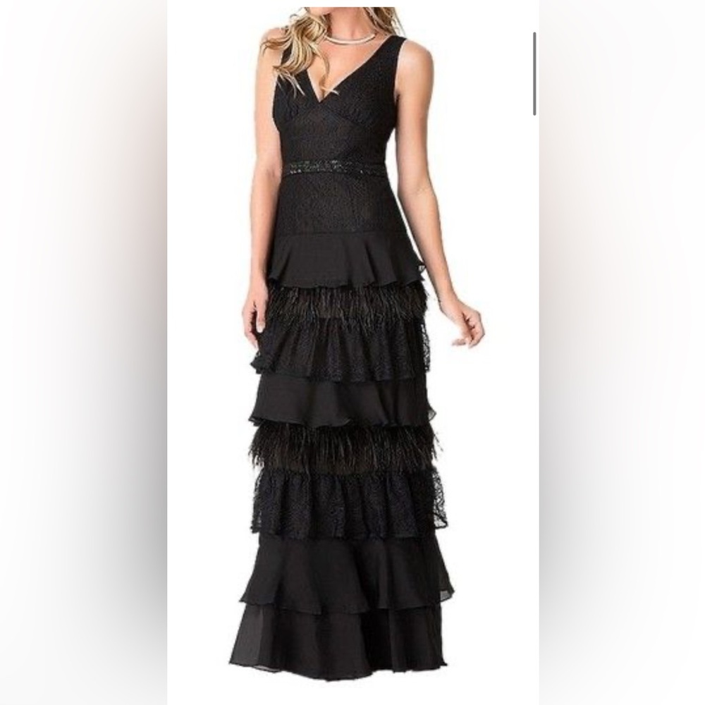 Bebe Long Black Feather Lace Chiffon Gown Dress 2